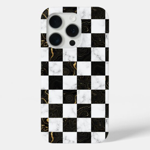 White Black and Gold Marble Checkerboard iPhone 15 Pro Case