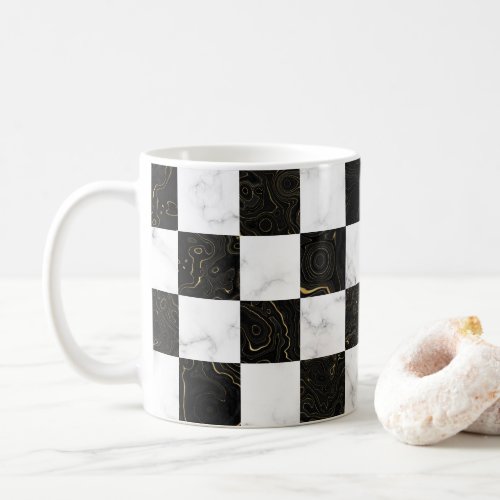 White Black and Gold Marble Checkerboard Coffee Mug