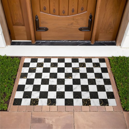 White Black and Gold Marble Checkerboard Doormat