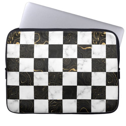 White Black and Gold Marble Checkerboard Laptop Sleeve