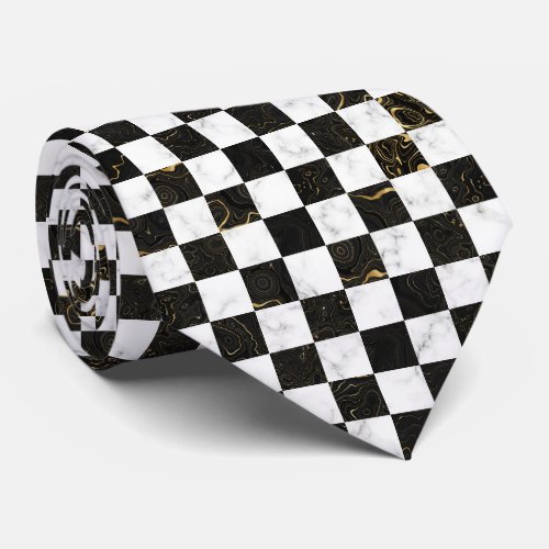 White Black and Gold Marble Checkerboard Neck Tie