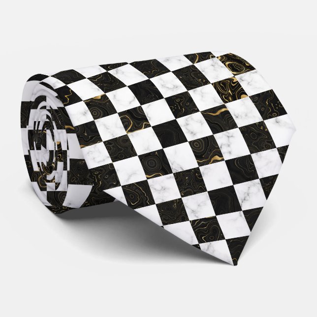 White Black and Gold Marble Checkerboard Neck Tie (Rolled)