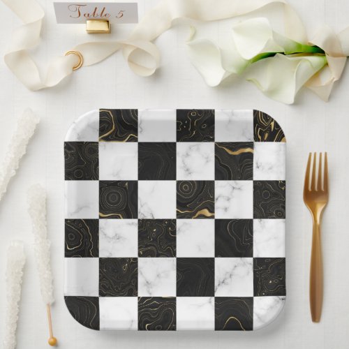 White Black and Gold Marble Checkerboard Paper Plates