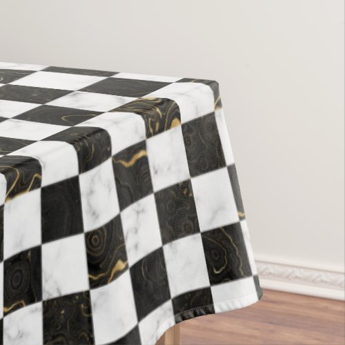 White Black and Gold Marble Checkerboard Tablecloth
