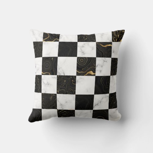 White Black and Gold Marble Checkerboard Throw Pillow