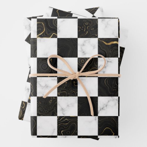 White Black and Gold Marble Checkerboard Wrapping Paper Sheets