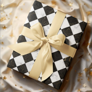 White Black and Gold Marble Checkerboard Wrapping Paper Sheets