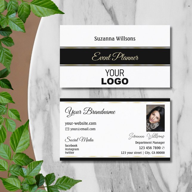 White Black and Gold Stripes with Logo & Photo Business Card (Creator Uploaded)