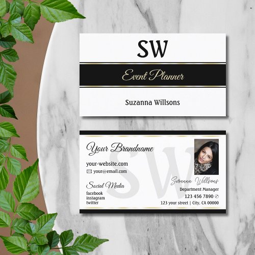White Black and Gold Stripes with Monogram  Photo Business Card