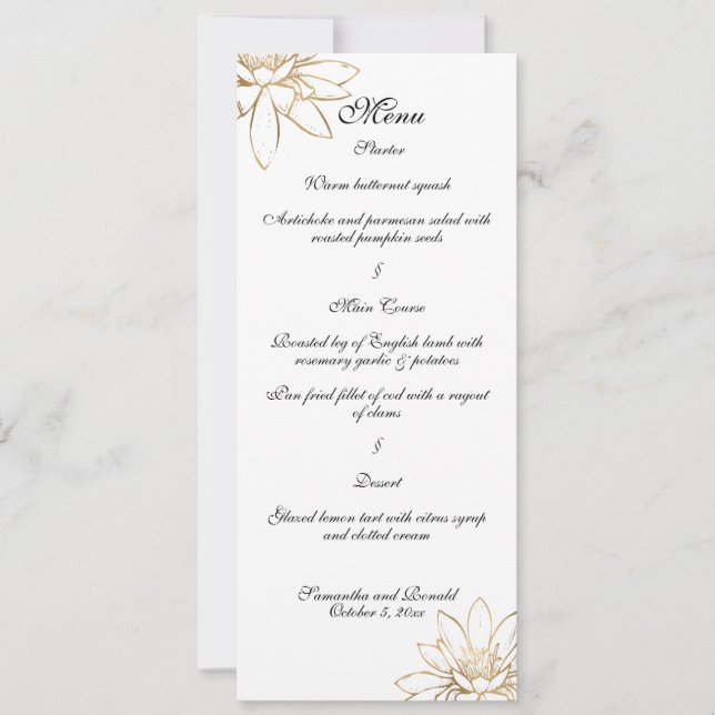 White, black, and gold wedding dinner menu card (Front)