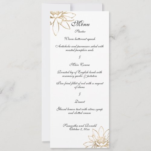 White black and gold wedding dinner menu card