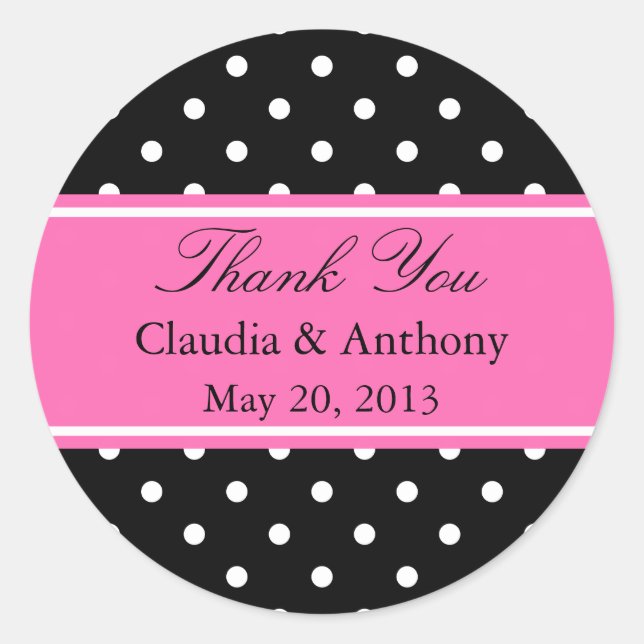 White, Black and Pink Polka Dot Pattern  Thank You Classic Round Sticker (Front)