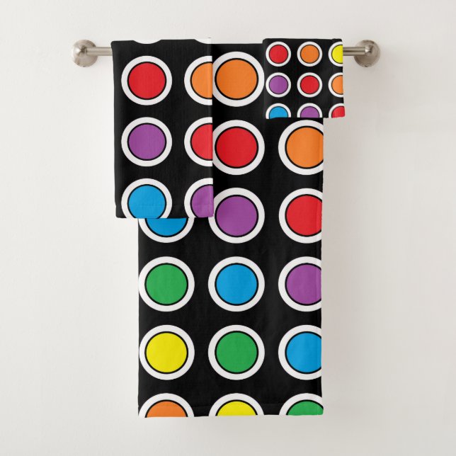 White, Black and Rainbow Polka Dots Bath Towel Set (Insitu)