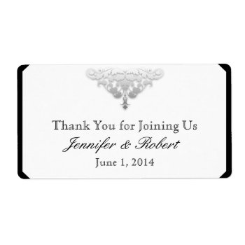 White Black And Silver Damask Water Bottle Label by NoteableExpressions at Zazzle