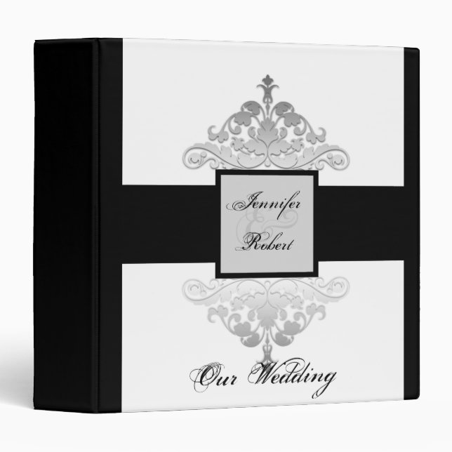 White Black and Silver Damask Wedding Album 3 Ring Binder (Front/Spine)