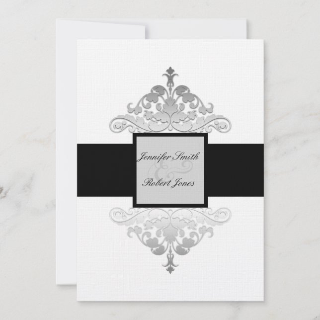White Black and Silver Damask Wedding Invitation (Front)