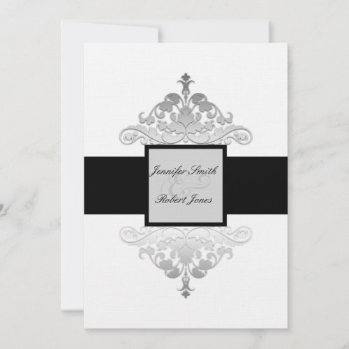 White Black and Silver Damask Wedding Invitation