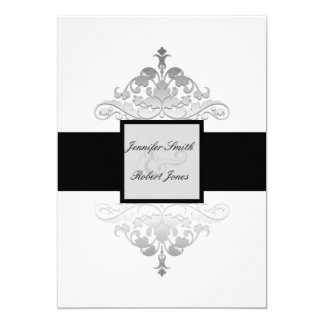 White Black and Silver Damask Wedding Invitation