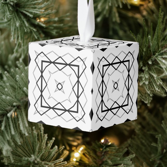  White Black and Silver Geometric pattern Cube Ornament (Tree)