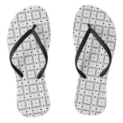 White Black and Silver Geometric pattern Flip Flops