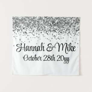 White Black and Silver Glitter Wedding Photo Booth Tapestry