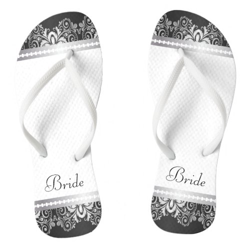 White Black and Silver Lace  Wedding Party Flip Flops