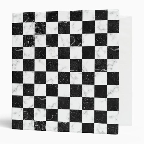 White Black and Silver Marble Checkerboard 3 Ring Binder