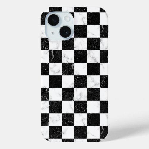 White Black and Silver Marble Checkerboard iPhone 15 Case