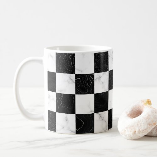 White Black and Silver Marble Checkerboard Coffee Mug