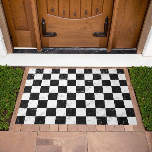White Black and Silver Marble Checkerboard Doormat