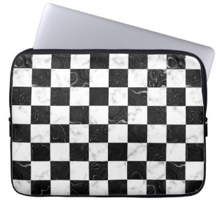 White Black and Silver Marble Checkerboard Laptop Sleeve