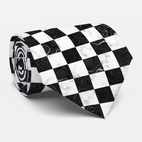 White Black and Silver Marble Checkerboard Neck Tie