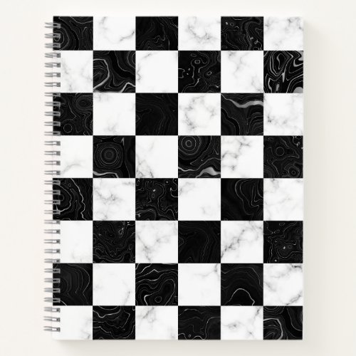 White Black and Silver Marble Checkerboard Notebook