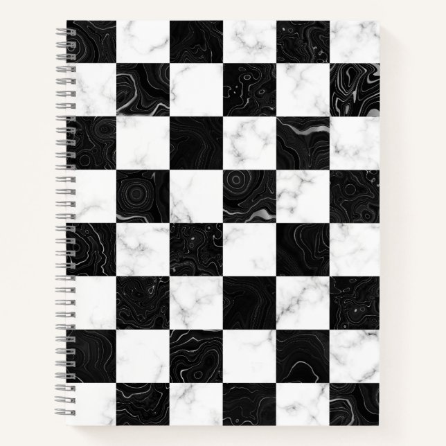White Black and Silver Marble Checkerboard Notebook (Front)