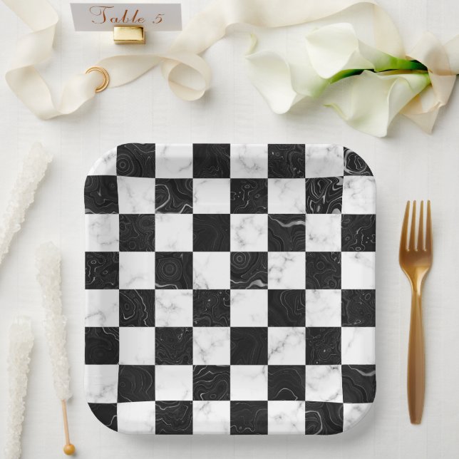 White Black and Silver Marble Checkerboard Paper Plates (Wedding)