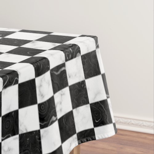 White Black and Silver Marble Checkerboard Tablecloth