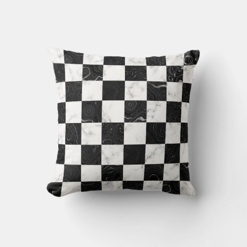 White Black and Silver Marble Checkerboard Throw Pillow