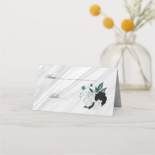 white black and teal floral marble place card