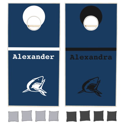 White Black and White Sharks w names blue Cornhole Set