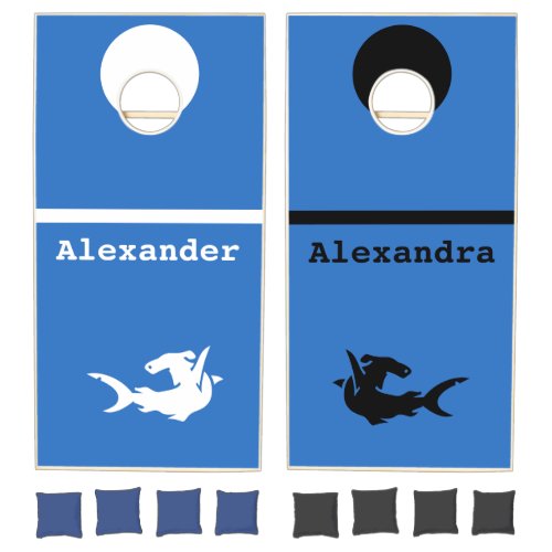 White Black and White Sharks w names blue Cornhole Set