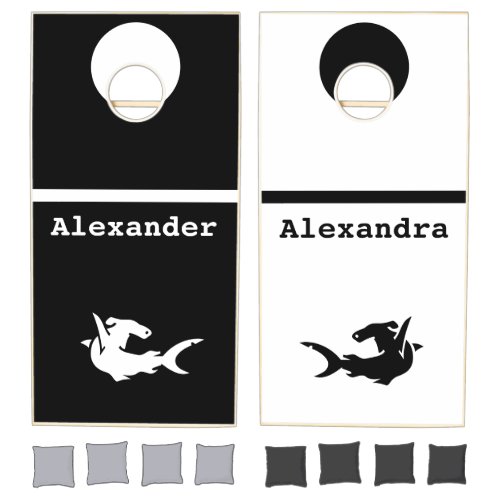 White Black and White Sharks w names Cornhole Set