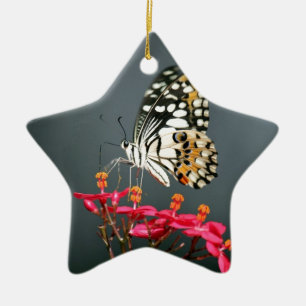 White Black and Yellow Butterfly on Pink Flowers Ceramic Ornament