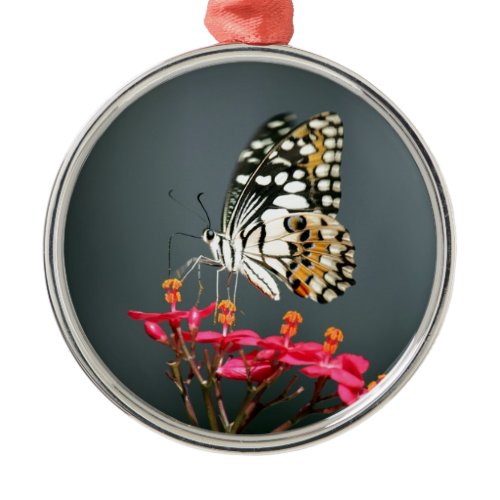 White Black and Yellow Butterfly on Pink Flowers Metal Ornament