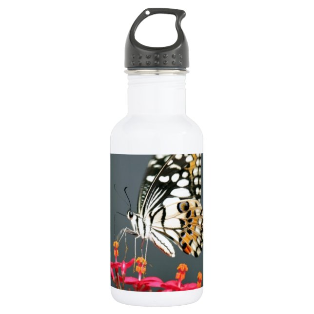 White Black and Yellow Butterfly on Pink Flowers Water Bottle (Front)
