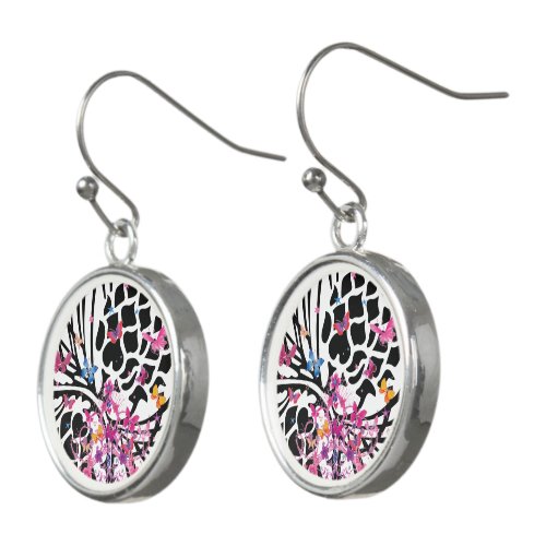 White  black baby pink butterflies pattern design earrings