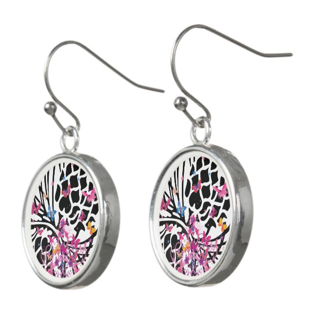 White & black baby pink butterflies pattern design earrings (Angled)