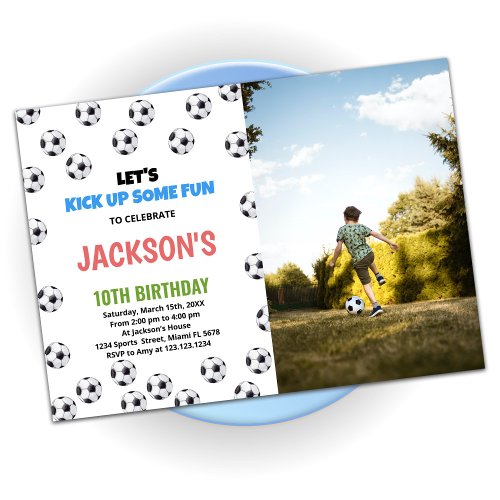 White Black Balls Soccer Birthday With Photo Invitation