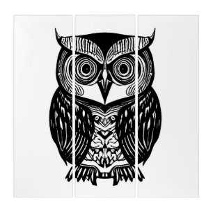 White Black Boho Owl Triptych Wall Art