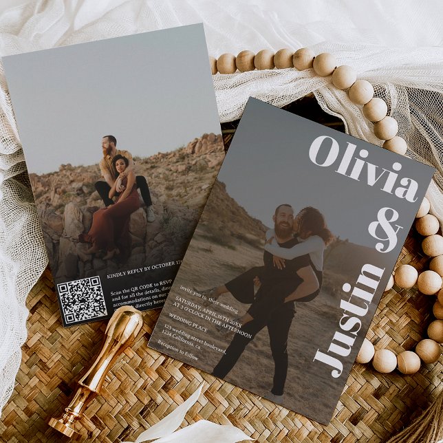 White black bold names 2 photos Qr code wedding Invitation (Creator Uploaded)