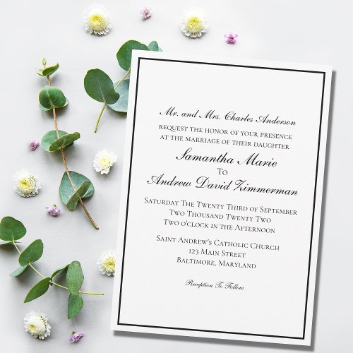 White Black Border Classic Formal Elegant Wedding  Invitation